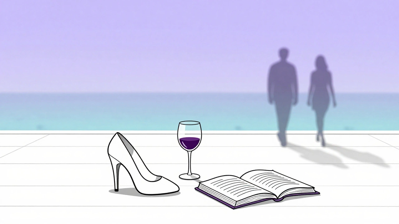 A single high heel and open book rest on a sunlit terrace, symbolizing discreet companionship and emotional stillness.