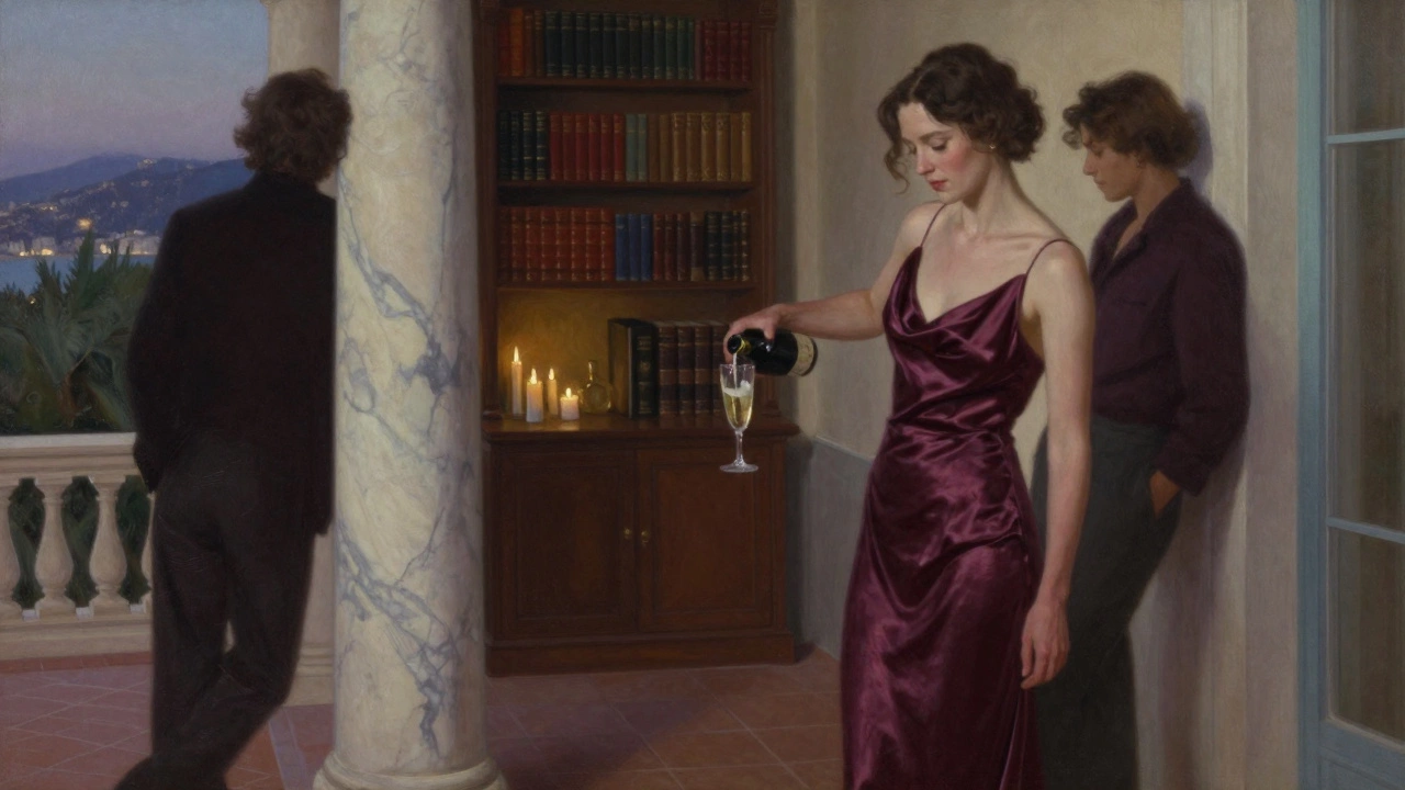 A woman pours champagne on a villa terrace at twilight, candlelight and books create an atmosphere of quiet elegance.