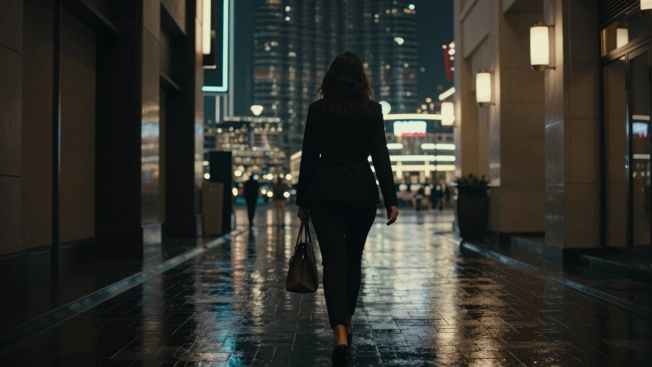 A woman walks swiftly down a rainy Dubai alley at night, back turned, surrounded by distant city lights.